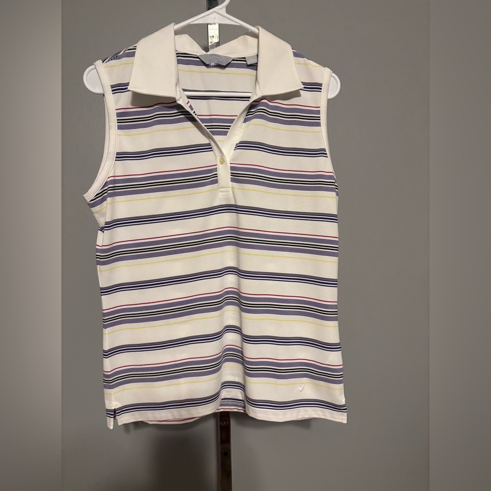 Callaway Women's Sleeveless‎ Polo Shirt White, Striped Performance Golf L